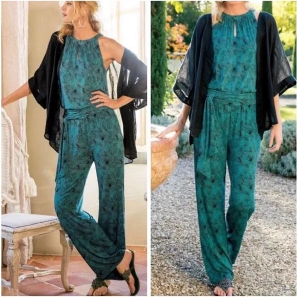 SOFT SURROUNDINGS Sorrento Stretch Jersey Pant Jumpsuit Green Leaves Tropical M - Picture 1 of 8